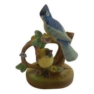 Vintage Blue Jay & Yellow Bird Perched On Tree Ceramic Figurine Decor 4" Germany